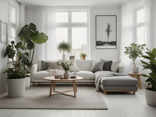 Modern Scandinavian home interior design features an elegant living room with a comfortable sofa, mid-century furniture, cozy carpet, wooden floor, white walls and home