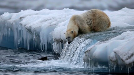 An iceberg melting into the Arctic waters with water cascading down its sides A white bear is seen swimming in the water nearby, looking for a place to rest The contrast between the melting ice and