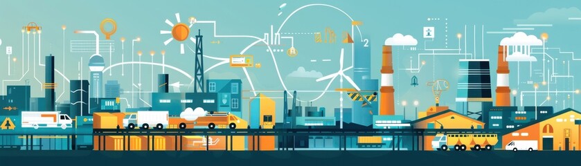 Obraz premium Declining market indicators, environmental tech integration, commercial energy storage, flat design illustration