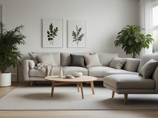 Modern Scandinavian home interior design features an elegant living room with a comfortable sofa, mid-century furniture, cozy carpet, wooden floor, white walls and home