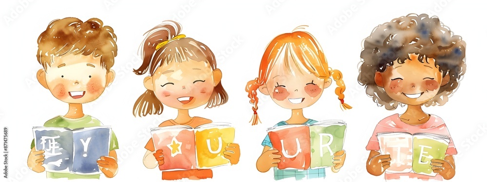 Poster watercolor of children learning different languages with flashcards