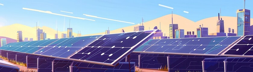 Solar panel array, commercial energy storage units, secure blockchain ledger, flat design illustration