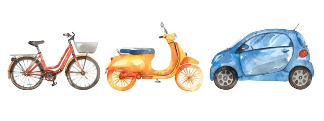 Fototapeta premium Watercolor of Eco Friendly Transportation Vehicles on White Background