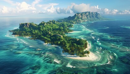 Fototapeta premium Aerial view of a lush tropical island surrounded by turquoise water, pristine beaches
