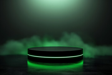 Black Podium With Blue Neon Lighting in a Dark Room