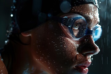Studio portrait of a world-class swimmer, water droplets highlighting their defined facial features.