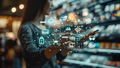 Person shopping online with economic icons economics digital economy