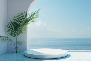 Obraz premium Empty Podium With Palm Leaf Overlooking Tranquil Seascape