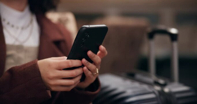 Woman, business trip and smartphone or hands in hotel, texting and virtual client on app for online conversation. Lobby, email and scheduling appointment for travel meeting, luggage and communication