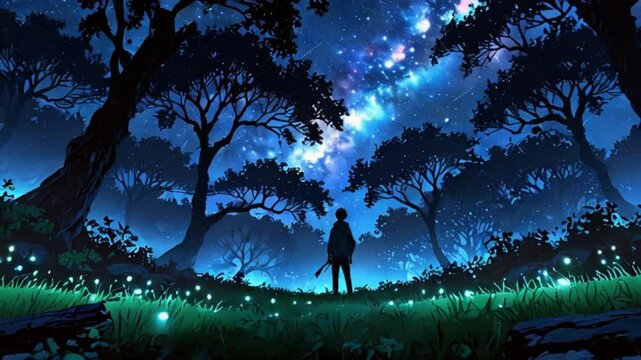 無数の星が輝く空き地に座る男 光と闇の幻想的な映像