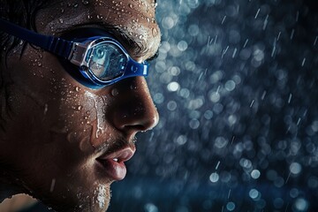 Minimalist studio portrait of a world-class swimmer, with water droplets glistening on chiseled features under soft lighting.