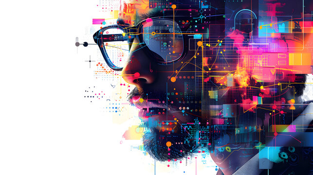 A man wearing glasses is thinking about data analysis while working on his computer at night. He is surrounded by holograms and code overlays related to cybersecurity and software coding. 