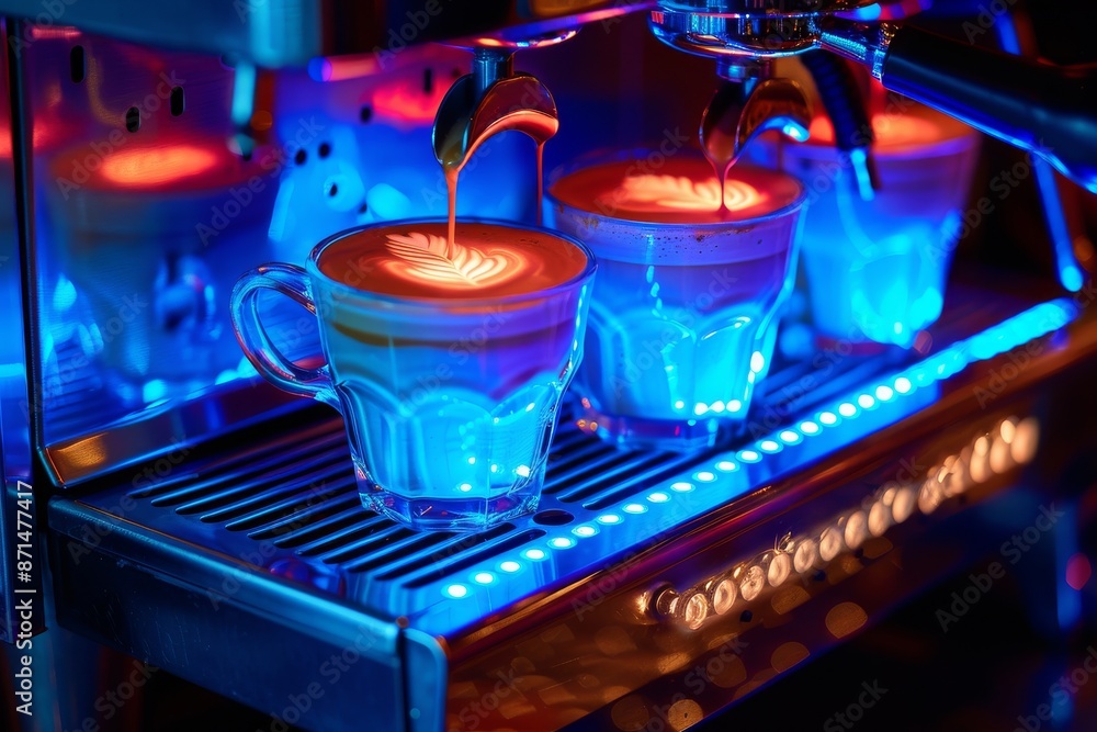 Poster neon lit coffee cups creating a vibrant and dynamic display on an espresso machine against a dark ba