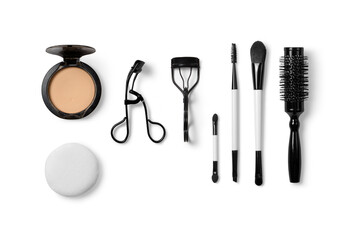 set of professional decorative cosmetics, makeup tools and accessory isolated on white background. beauty, fashion, party and shopping concept. flat lay composition, top view on white background