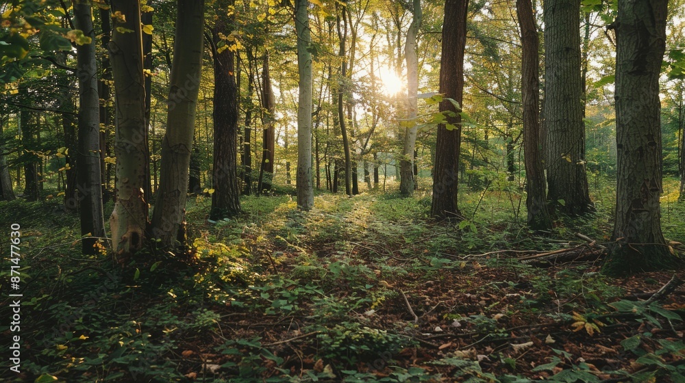 Poster background image of sunlight filtering through a dense green forest, highlighting the tranquility an