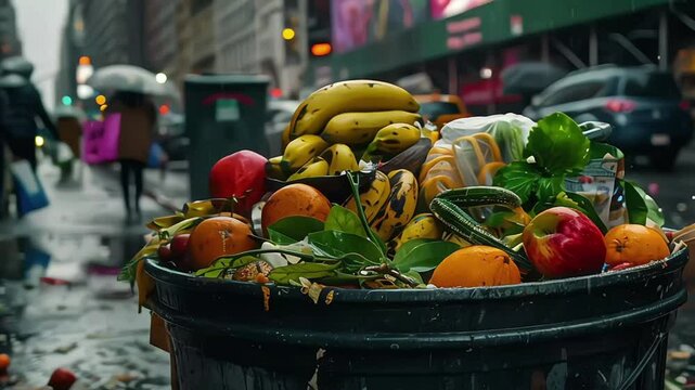 A trash can from a city street full of food waste