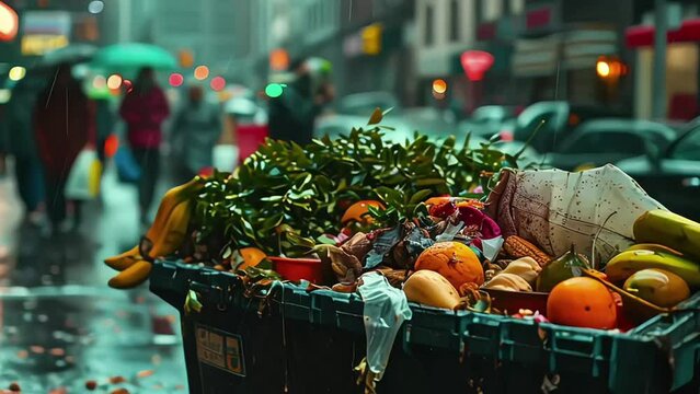 A trash can from a city street full of food waste