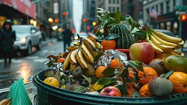 A trash can from a city street full of food waste