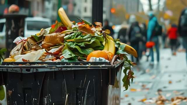 A trash can from a city street full of food waste