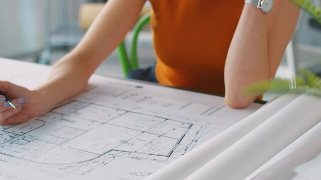 Close up of casually dressed female architect sits at desk in office and makes notes on blueprint or plan - shot in slow motion