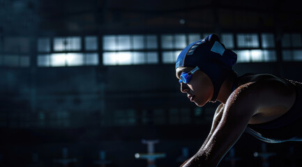 Swimmer exudes focus and intensity in a moody portrait, dramatically lit from both side and front in a darkened studio, outfitted in a sleek racing swimsuit,