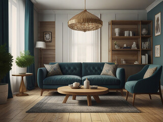 Living room modern vintage interior - 3D rendering