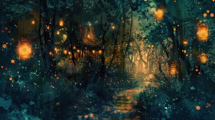 Enchanting Forest Retreat: Cozy Cabin with Glowing Lanterns in Watercolor Style - Capturing a Fairy Tale Vibe