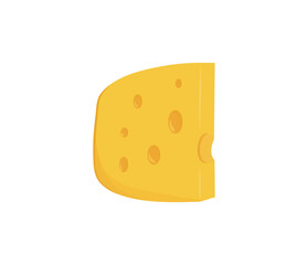 Cheese slice in cartoon style. Image of a sliced large thick piece of cheese. Piece of cheese with holes isolated on white background.