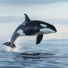 Fototapeta premium A Killer whale are leaping above the surface of the sea.