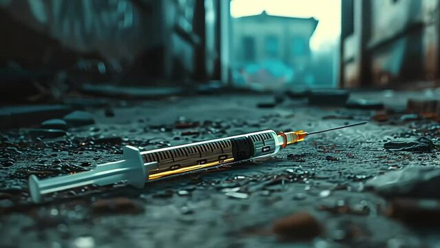 Discarded syringe lying on a gritty urban ground, indicating drug use and social issues