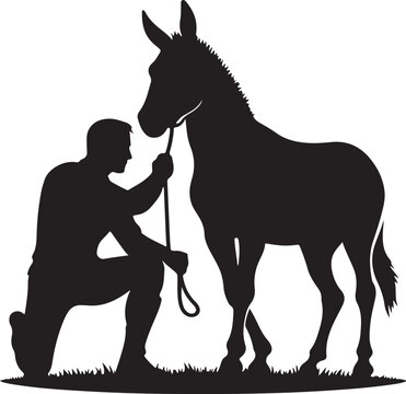 man kneeling beside donkey silhouette clip art preview