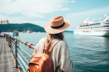 Obraz premium Female tourists stand waiting for a yacht to go on a holiday trip