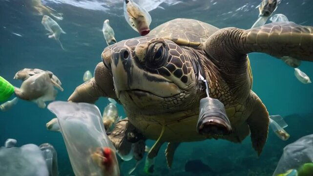 A sea turtle struggles to swim through the ocean. Surrounding the turtle, various pieces of plastic waste float in the water. Sea Polluted. Ai Generative.