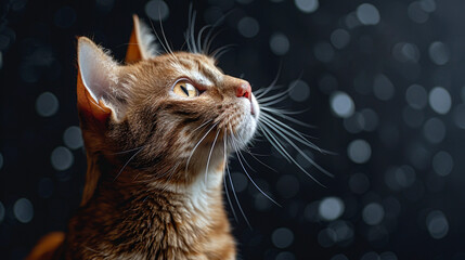 Red Cat with intense gaze looking upward on dark background