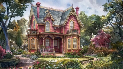 Fototapeta premium Enchanting Victorian Gingerbread House with Intricate Details in Charming Garden - Watercolor Illustration
