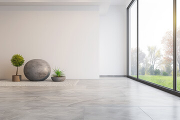 Minimalist interiors design apartment composition with minimal arrangements next to a window. Residential interiors in neutral colors.