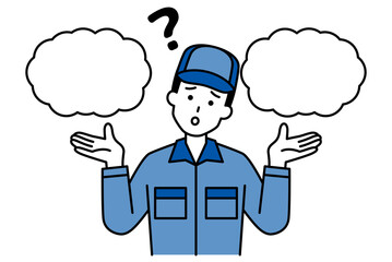 二つの吹き出しを迷っているつなぎ作業服の男性