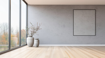 Minimalist interiors design apartment composition with minimal arrangements next to a window. Residential interiors in neutral colors.