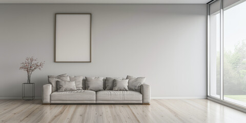 Minimalist interiors design apartment composition with minimal arrangements next to a window. Residential interiors in neutral colors.