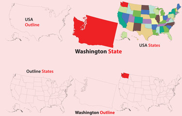 Obraz premium Washington map vector of usa, Washington line map, Washington with city map, Washington outline map