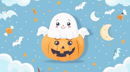 Halloween holiday banners background with flying ghosts,bat,pumkin,spider,witch,Trick or treat scary halloween banner. Vector spooky,Halloween theme concept,3d rendering.