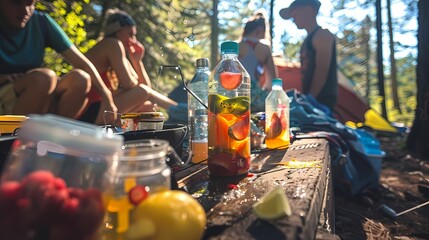 Campers refilling their water bottles and making fresh fruit-infused water.