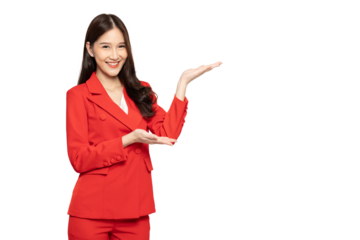 Happy Asian business woman in red suit presenting or showing open hand palm with copy space for product