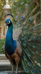 peacock with blue feathers standing on a stone platform in a garden