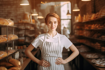 Fototapeta premium Confident Baker Standing in Front of Freshly Baked Bread in Her Bakery