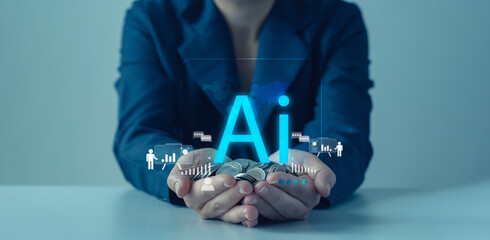 Businesswoman holding a handful of coins with an AI holographic interface overlay, representing the integration of artificial intelligence in finance and business.Chatbot Chat with AI.