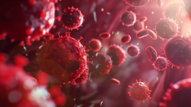 Vibrant 3D rendering of virus cells in a bloodstream to raise awareness for bloodborne diseases and the importance of vaccinations.
