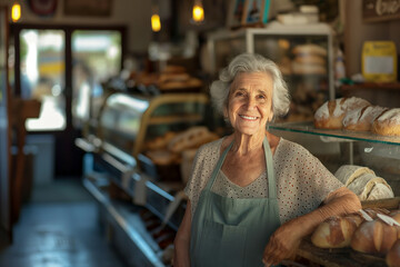 Senior Woman Baker Standing Behind Freshly Baked Bread in Her Bakery