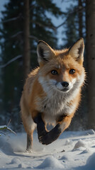 Fototapeta premium a fox running through the snow in the woods
