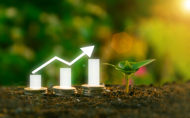 World environment day .growing financial graph represented by bars on stacks of coins in soil next to a seedling, symbolizing economic growth and environmental sustainability.